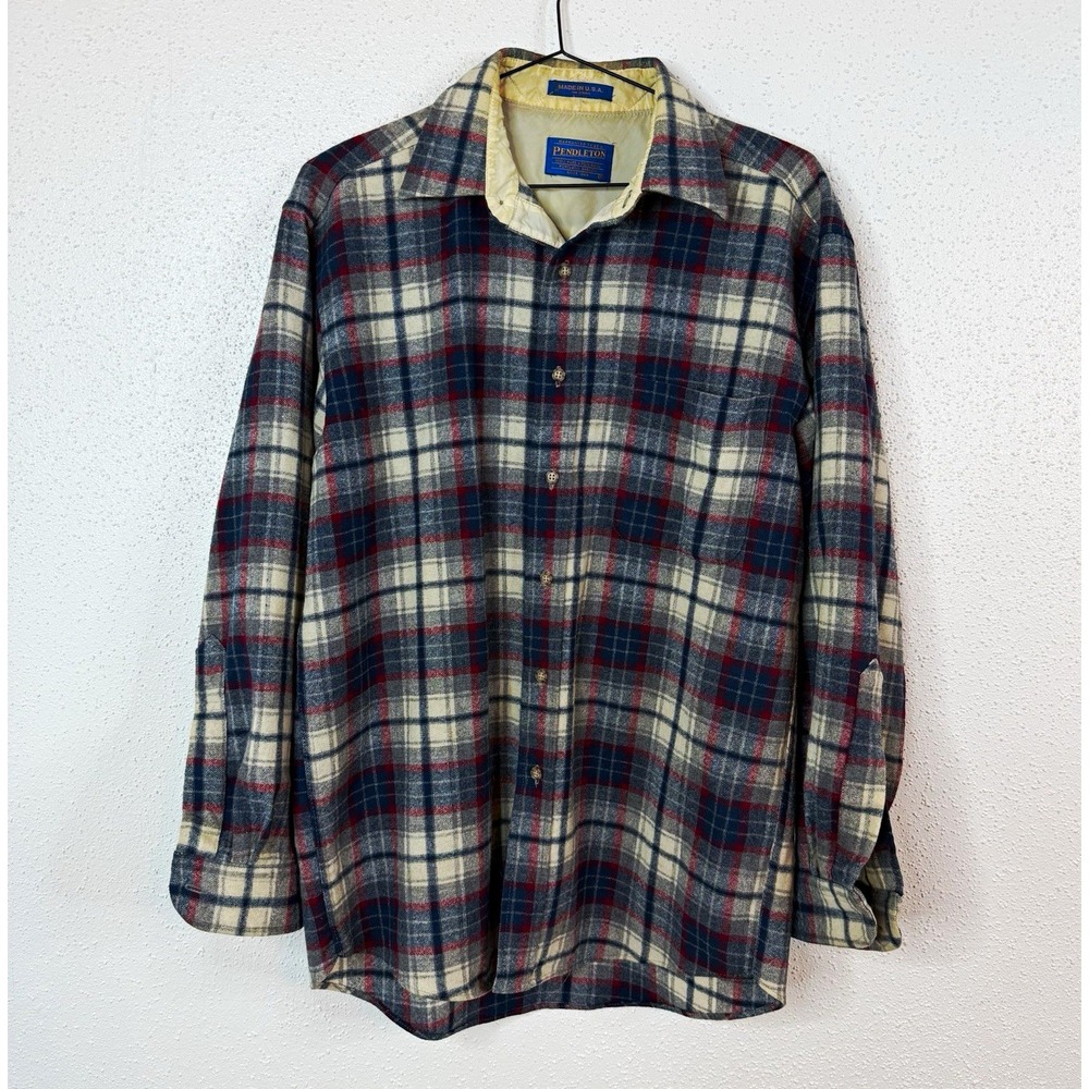Pendleton 1990's Men's Wool Flannel Plaid Button-Up Shirt Point Collar M Vintage